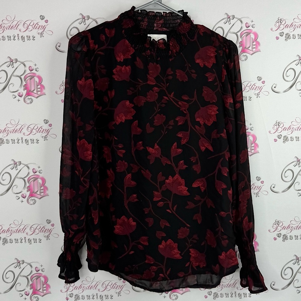 APRICOT blouse long sleeve flare detail smocked Black and Red Floral Blouse